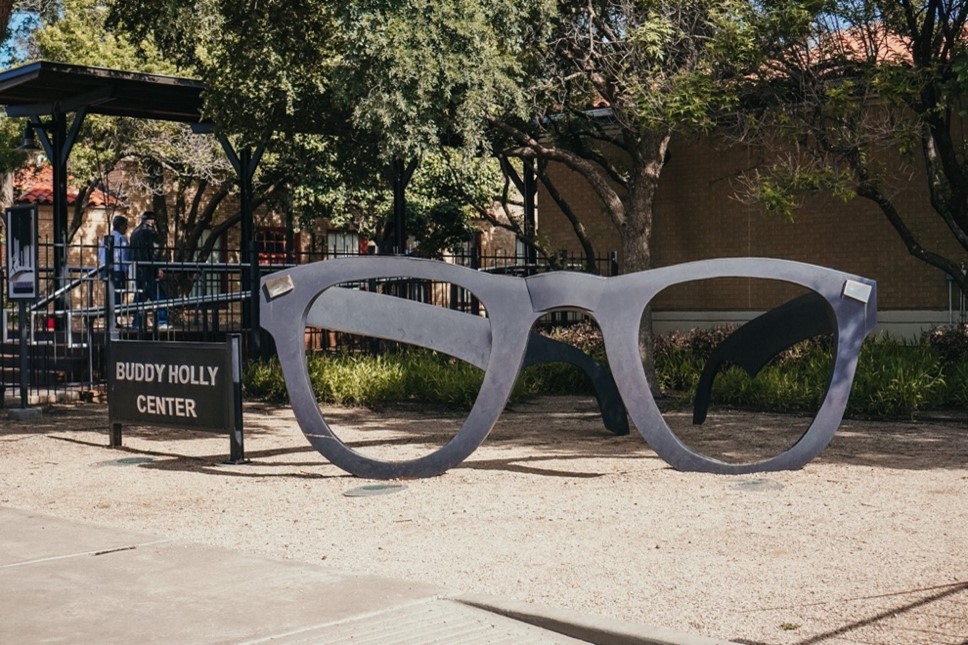 A sculpture of Buddy Holly's glasses on the site of the Buddy Holly Center.
